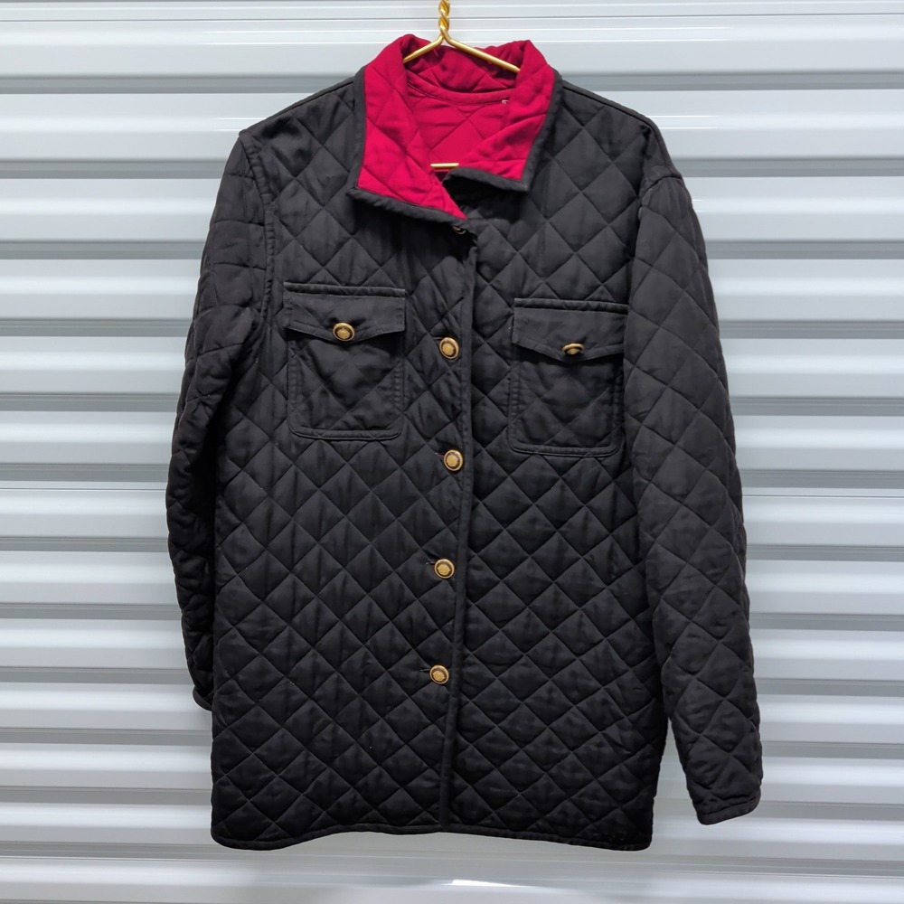 Unbranded Reversible Quilted Jacket L Black Red Gold Crest Button Diamond Coat